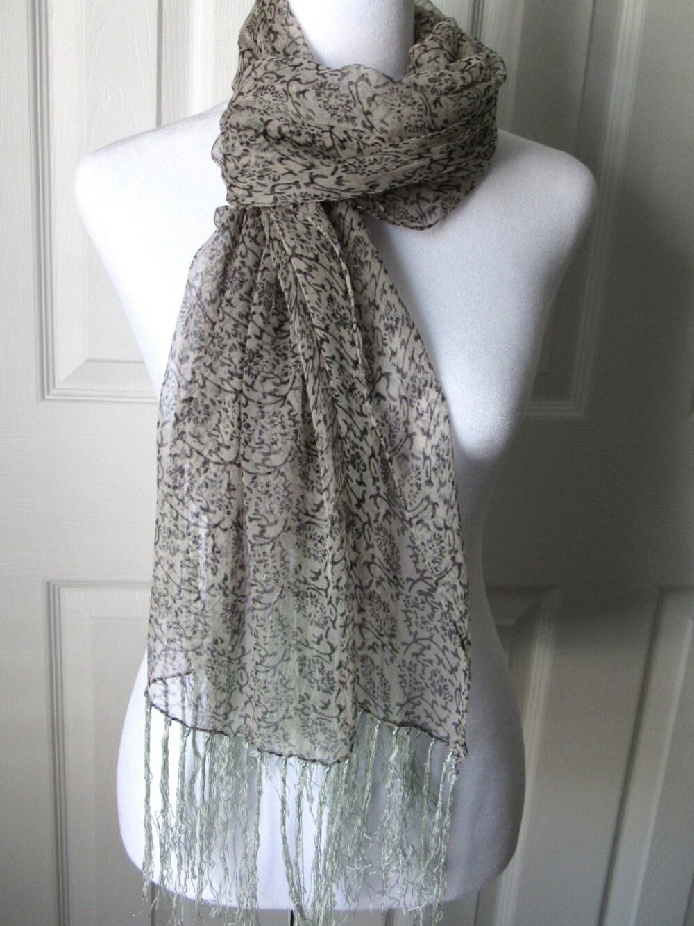 Lovely Brown White Abstract Very Sheer SCARF Green Fringe 100% Silk Long Elegant